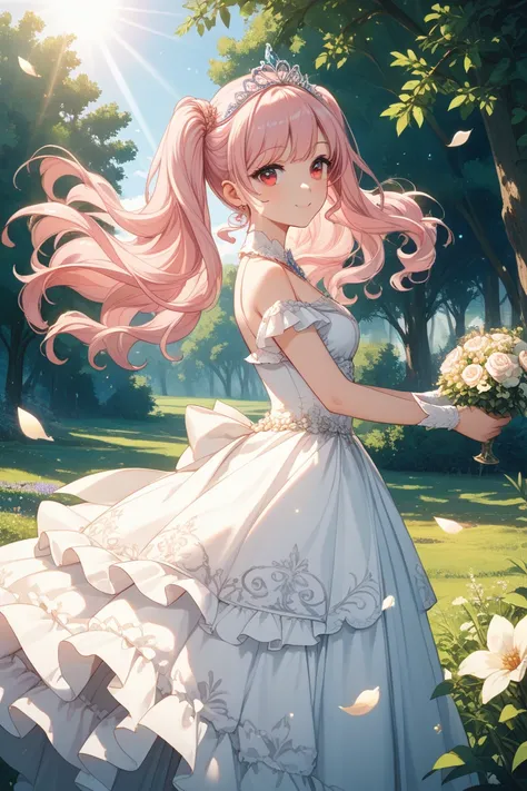 Red-eyed pink twin-tailed girl wearing a pure white dress with lots of princess-like ruffles and a tiara