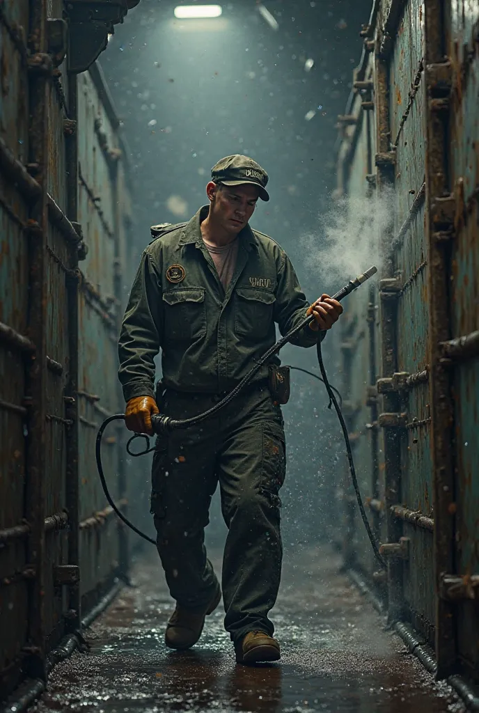 a sailor is spraying the inside of the ship's hold