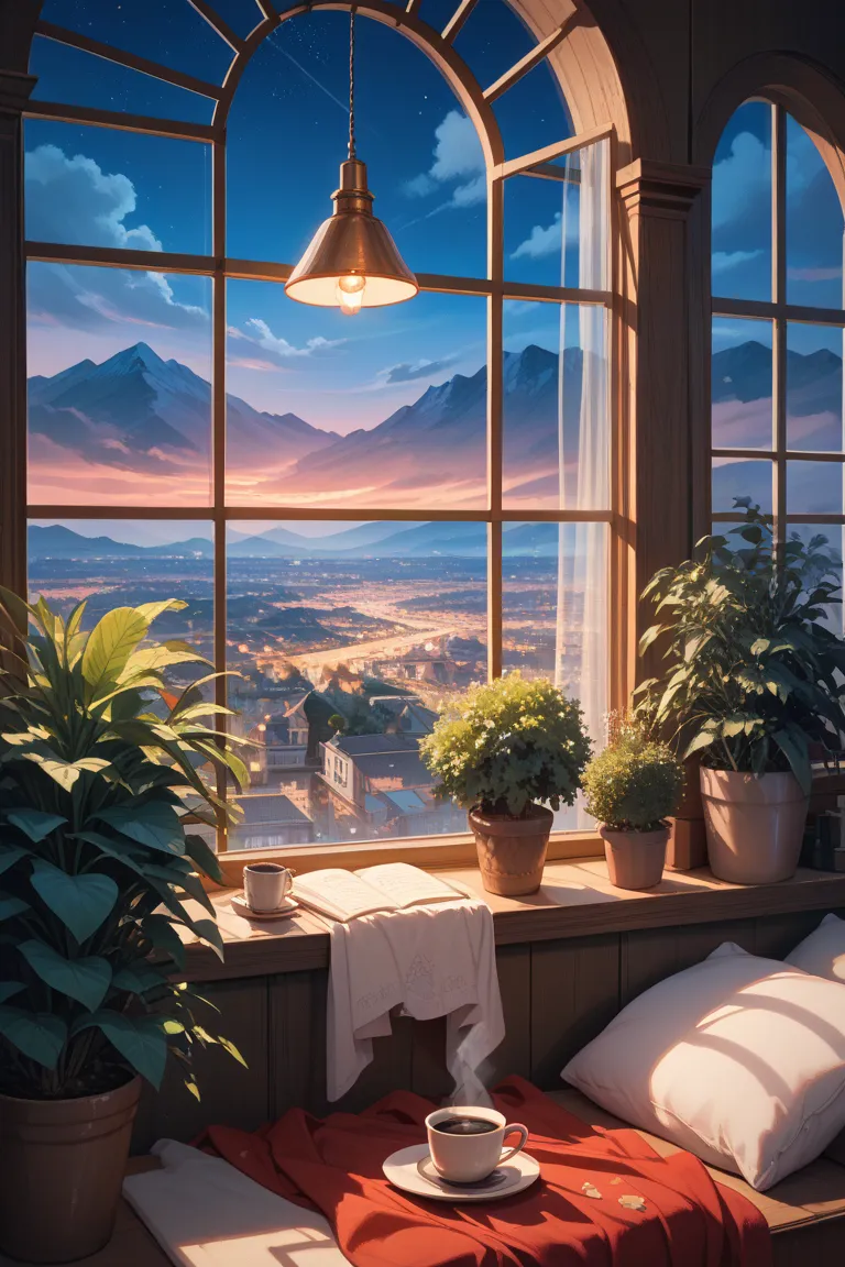 Retro colors.Hazy Glow.(Late at night:1.1), A cozy indoor reading nook with a large window offering a view of the autumnal mountains under a clear night sky. Soft blankets, with the (cityscape at night:1.1) visible outside the window, and ambient lighting ...