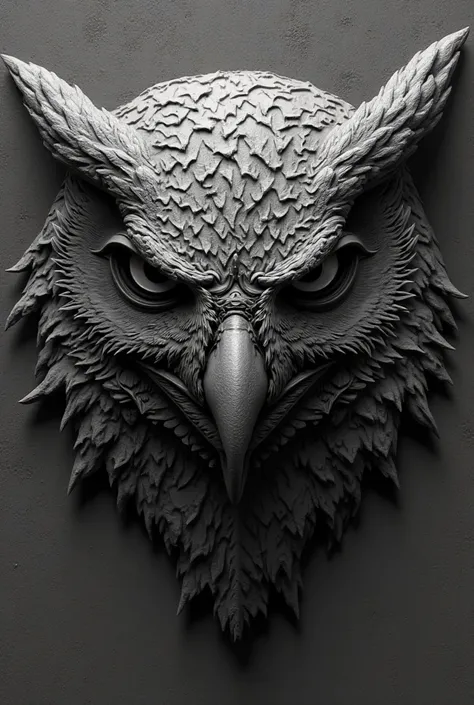 I want a black and white bas relief image with the head of an aggressive owl