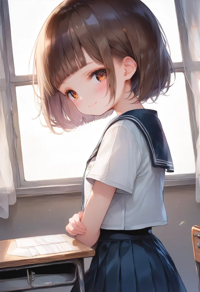 
score_9, score_8_up, score_7_up, score_6_up, score_5_up, score_4_up, masterpiece, best quality, source_anime,( short bob:1.6)
alone,cute 1girl,(loli:1.6),blunt bangs,Brown Hair、,blush, smile,(Student Uniform), classroom,arched back、Look down and smile、Lif...