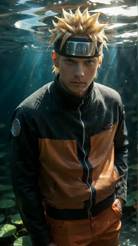 score_9, score_8_up, score_7_up, detailed, wallpaper, beautiful details, naruto uzumaki, 1boy, male focus, looking at viewer, blonde hair, forhead protector, konohagakure symbol, whisker markings, blue eyes, jacket, orange pants, standing, he is under wate...
