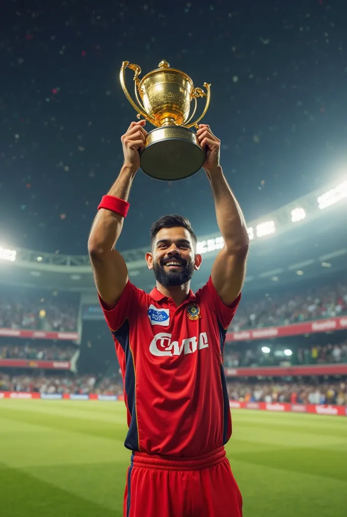 Generate an image of Virat Kohli in RCB new jersey holding ipl trophy in the wankhede stadium after winning against mi 