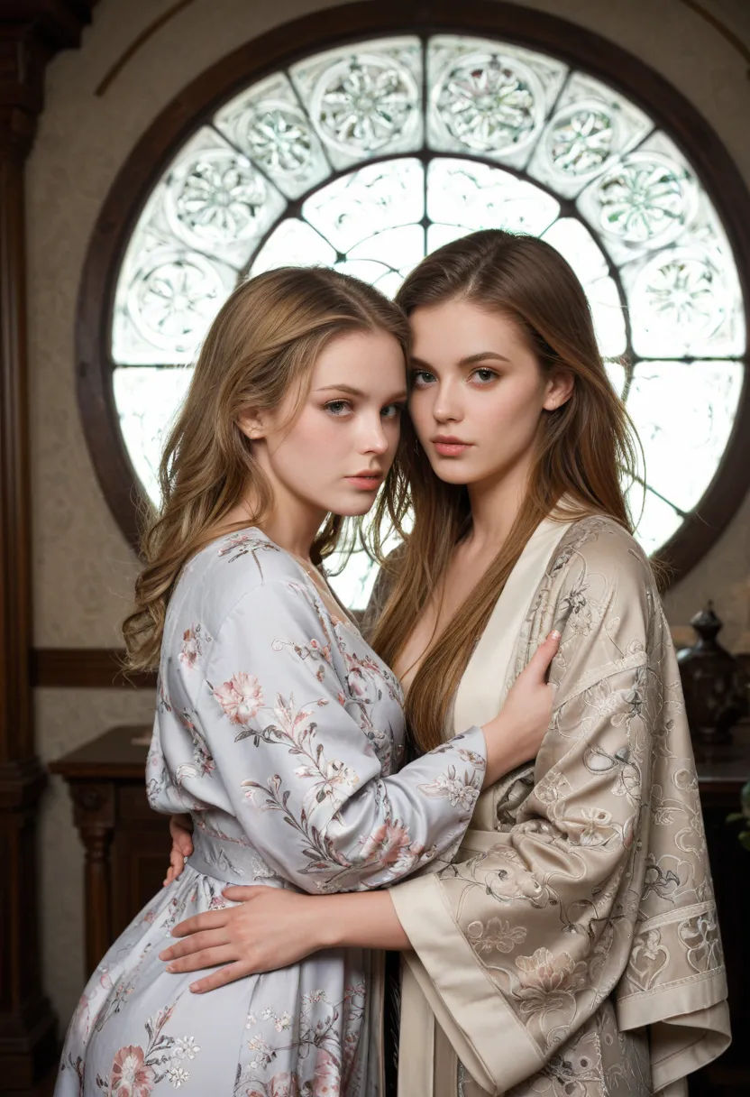 Two young girl, are positioned close their back together, side-by-side, beautiful brown blonde hair. She is wearing a, flowing, light gray pattern robe or cloak with intricate, detailed. Their facial expressions are serious and focused, with neutral, The l...