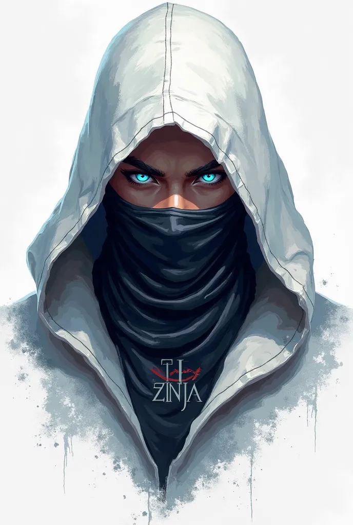 A logo for youtube. Name'TL ZINJA' he is a ninja with white hoody with black scarf and his eyes was very realistic and his eyes lens was blue and the Name "TL ZINJA" was in front of him