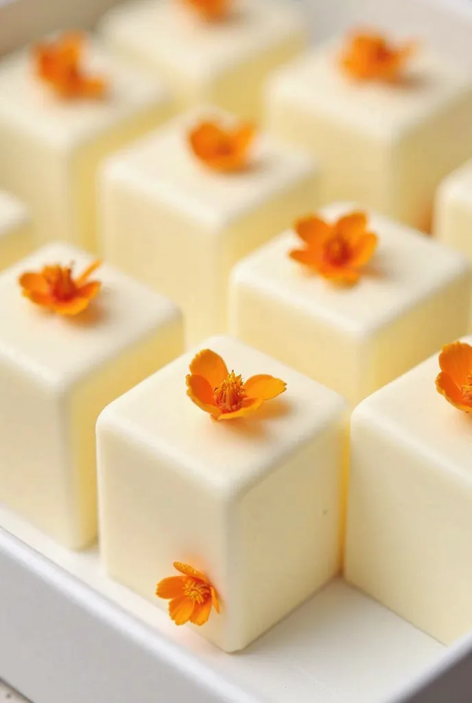 Square white chocolate candies decorated with edible orange-colored flowers lined up in a white box 