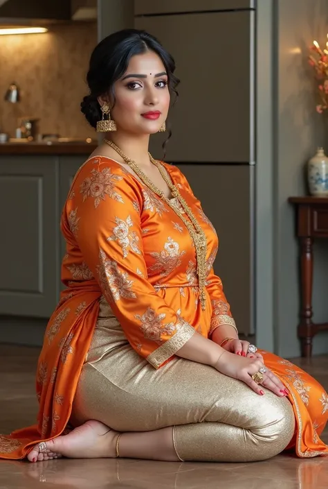 I am 40 year old plus size tall and big giant indian muslim women, looking like indian actress hansika motwani, wearing a gold boarded short hand full length side slit open orange floral kurti ,and shining reflective glossy silver mid-khalf length capri le...