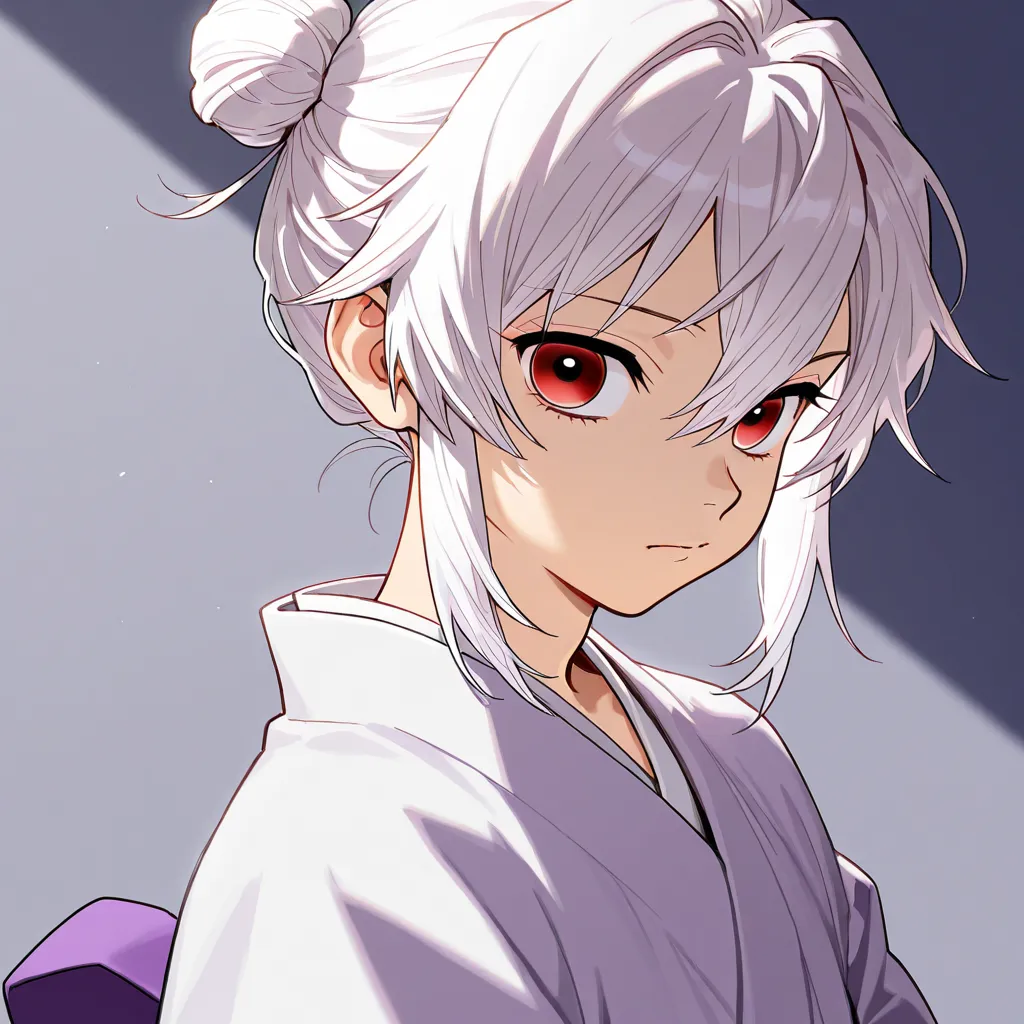 anime, boy, detailed, white   hair with a bun and two locks on the sides, dull face , lavender and white  benimaru's clothes, very detailed,ruby eyes  ,demon slayer  style