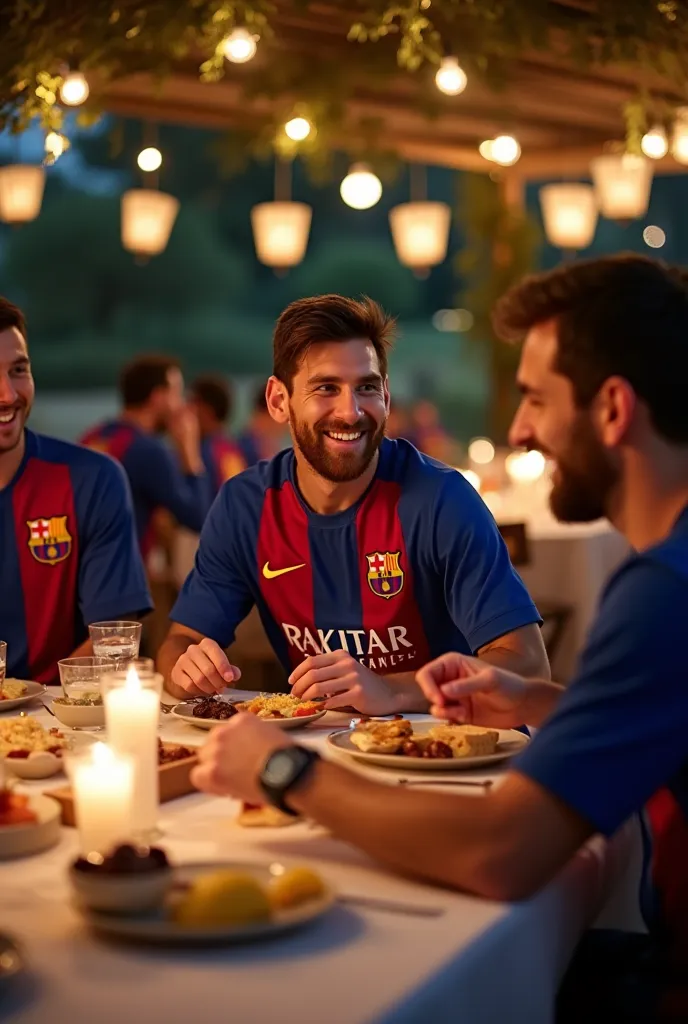 FC Barcelona players Messi Suarez and others, dressed in their iconic blue and red jersey, is sitting at a table for Iftar after a match. The table is filled with traditional dishes like dates, lentil soup, hummus, fresh fruits, and flatbreads. The player ...