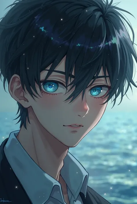 A male anime character with black hair and blue eyes like the sea. He has a quiet personality and a faint smile.