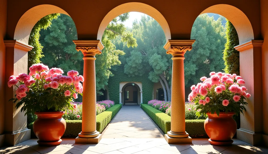 The scene depicts a peaceful garden courtyard viewed through pillared arches. Warm sunlight bathes the area, enhancing the pink hues of blooming flowers in terracotta pots. The intricate detailing of the columns reflects classical architectural styles, whi...