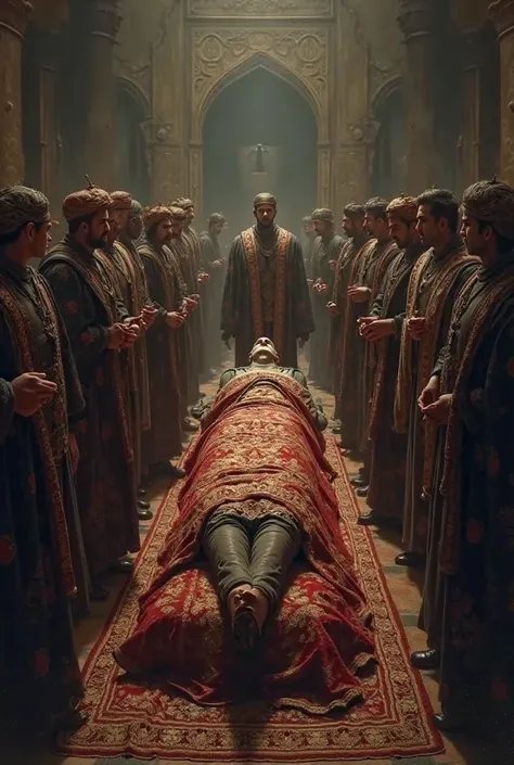 dark, emotional scene showing the body of Sultan Murad II wrapped in fine fabrics, surrounded by grieving Ottoman officials, as a now 19-year-old Mehmed II stands tall, knowing his destiny awaits."

