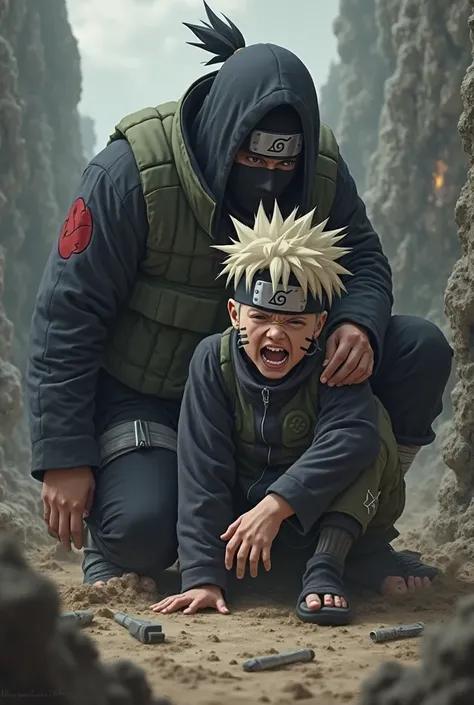 Naruto who is frightened sitting on the ground and Kakashi who is holding his head I'm letting you shoot him something