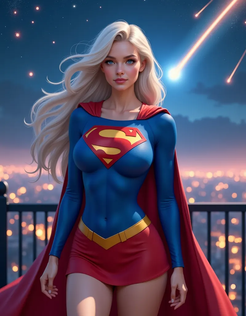 (((superheroine (((Superwoman ))), dressed in (((blue super man suit with the letter S on her chest, with a fluttering red cloak, very red short skirt,  yellow metal belt )))),  Masterpiece , сверхдетализированные обои CG Unity 8K, Best quality, cinematic ...