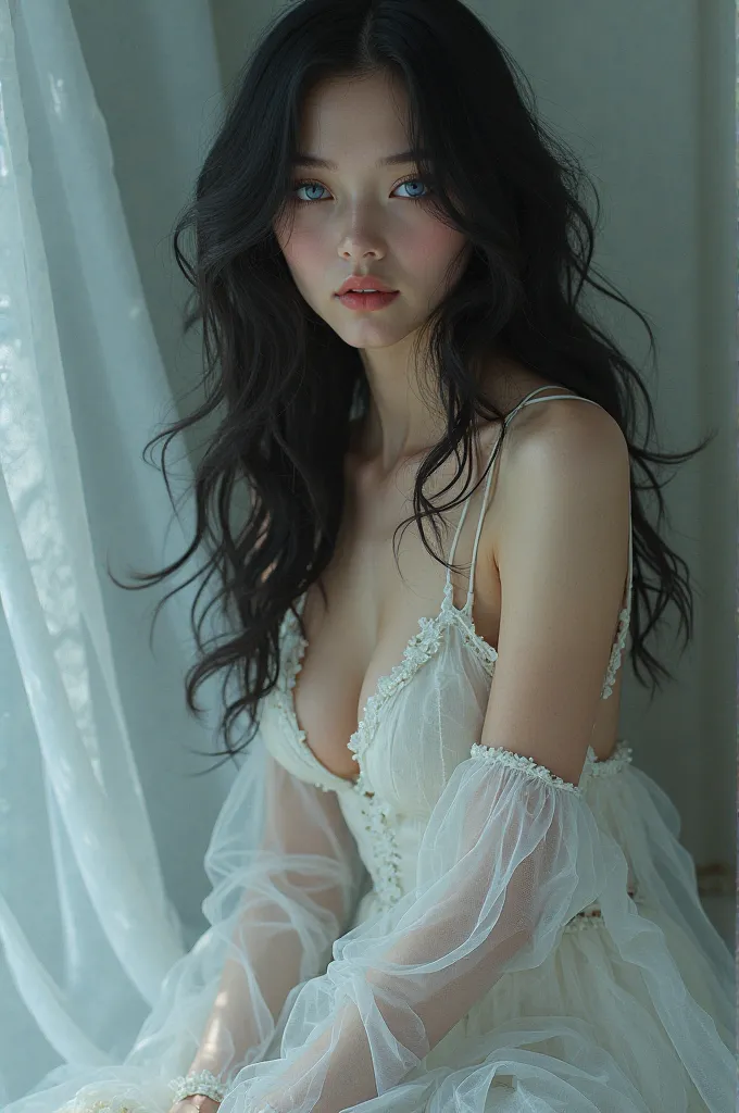 A girl with black hair, blue eyes, wearing a white transparent dress with nothing underneath 
