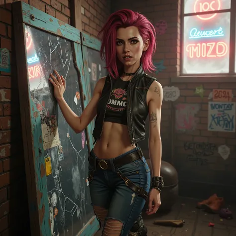A full-body, photorealistic portrait of a woman channeling the rebellious spirit of 'Jinx' in an urban setting. She stands boldly in front of a cracked, graffiti-covered mirror in a cluttered, industrial-style room. Her wild, unrestrained hair cascades in ...