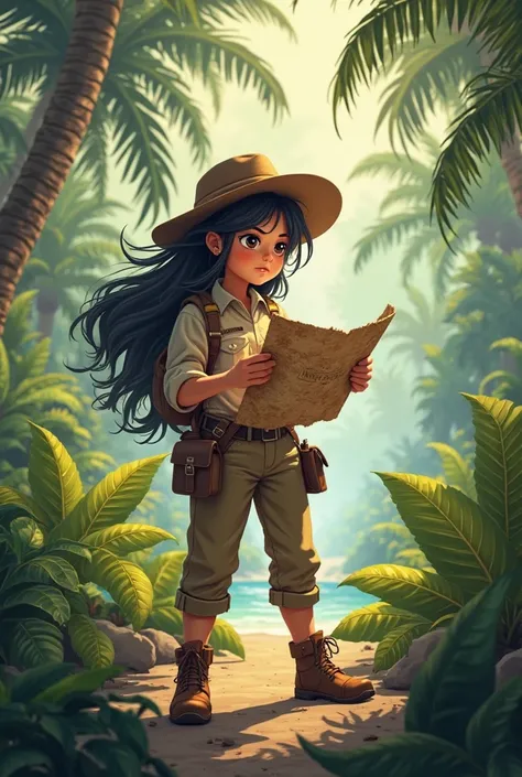 girl with black hair in explorer costume on an island with a map in her hand