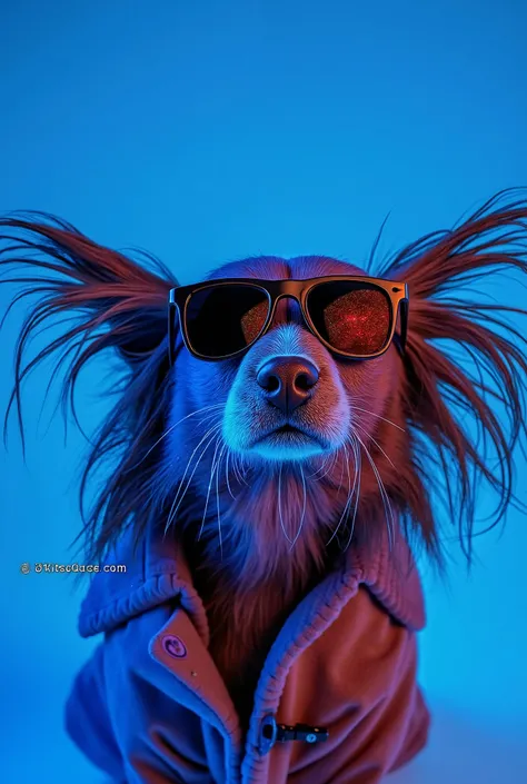 The best cell phone wallpaper, Award-Winning Wallpaper, portrait photography, In the front view is a portrait of a cute dog wearing mid-1960s space age fashion, Side view photo, Shot with Canon EOS R5, Set a strong contrast that accentuates the subject, Fl...