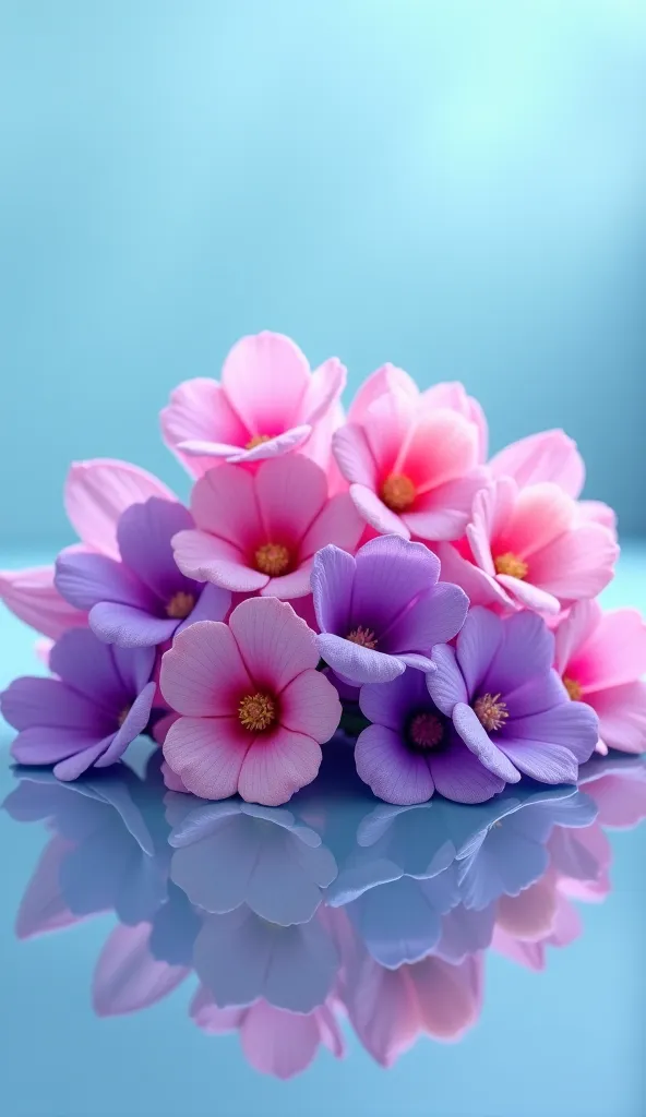 Pawdar puff flower boquet on the floor ,pink and purple color,blue background 