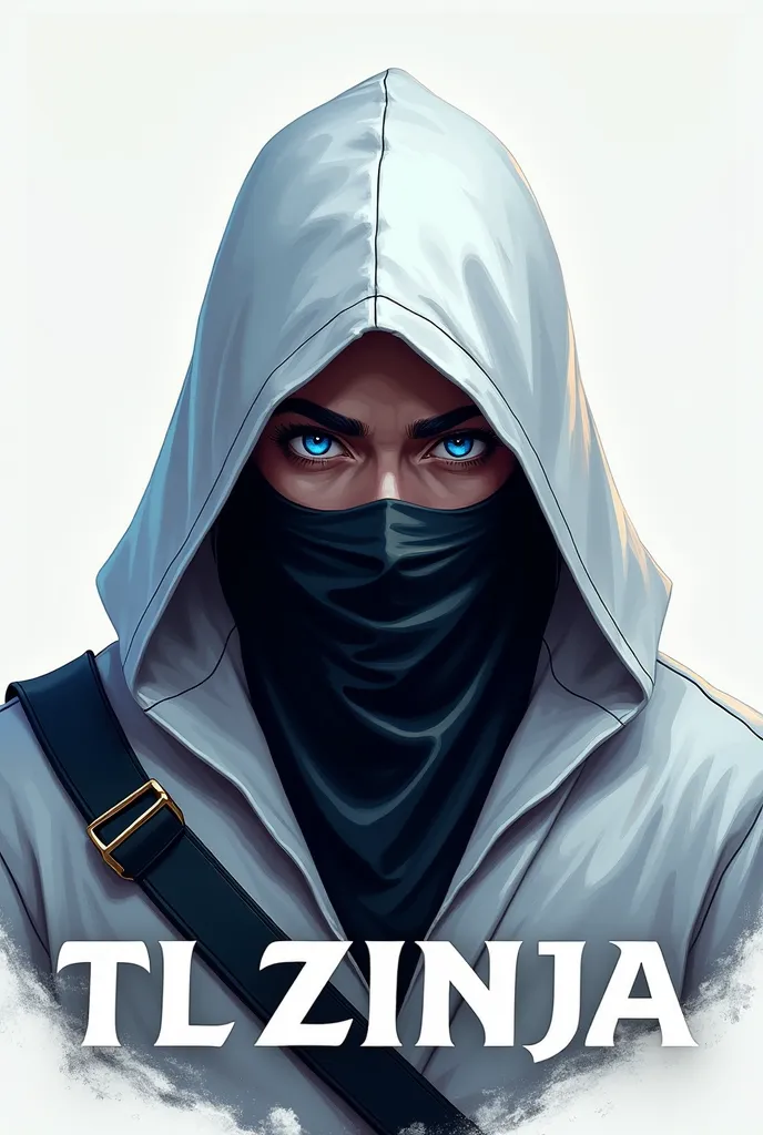 A logo for youtube. Name'TL ZINJA' he is a ninja with white hoody with black scarf and his eyes was very realistic and his eyes lens was blue and the big and model Name "TL ZINJA" was in front of him