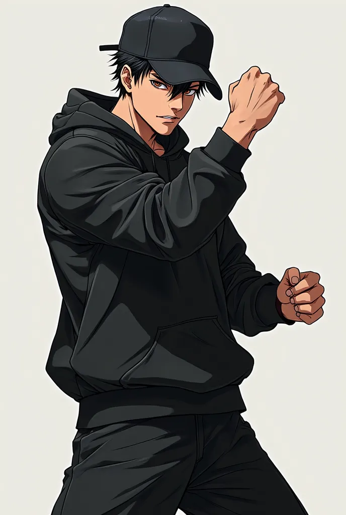 A 20-year-old man with black hair wearing a black cap a black sweatshirt and doing a Jojos pose 