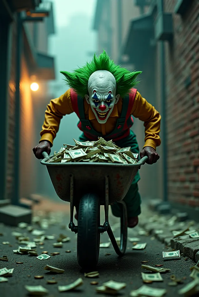 Green clown with evil face runs away with a wheelbarrow in a money cart.