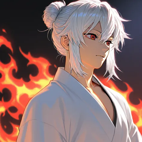 anime, boy, detailed, white   hair with a bun and two locks on the sides, dull face , lavender and white  benimaru's clothes from fire force , very detailed,ruby eyes  ,demon slayer  style