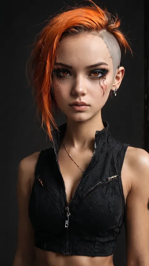  The image shows an anime-style character with realistic features .

character:  An evil woman with short, red-orange colored hair ,  with a shaved cut on the sides .
 Heavy black eye makeup , Serious and closed expression

Clothing :  Wear a black sleevel...