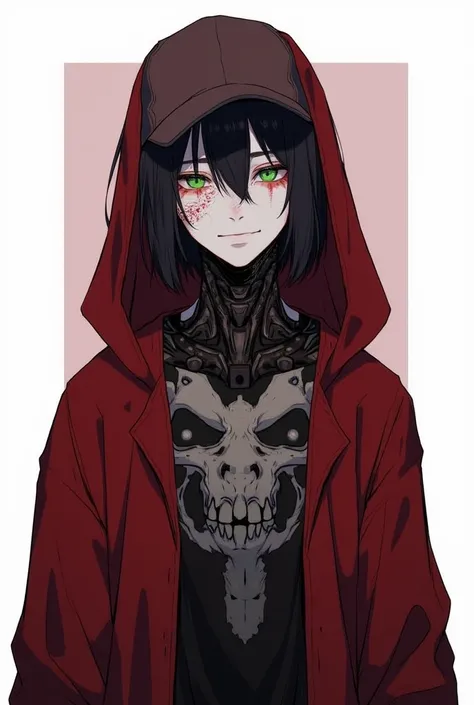 Here is the description of your character's appearance:

Name: ChatBotai

Description:
This is a young man with very dark black hair and a bit messy, slightly oversized , he wears a cap on his head, He wears a modern red hooded coat with a skull design.

H...