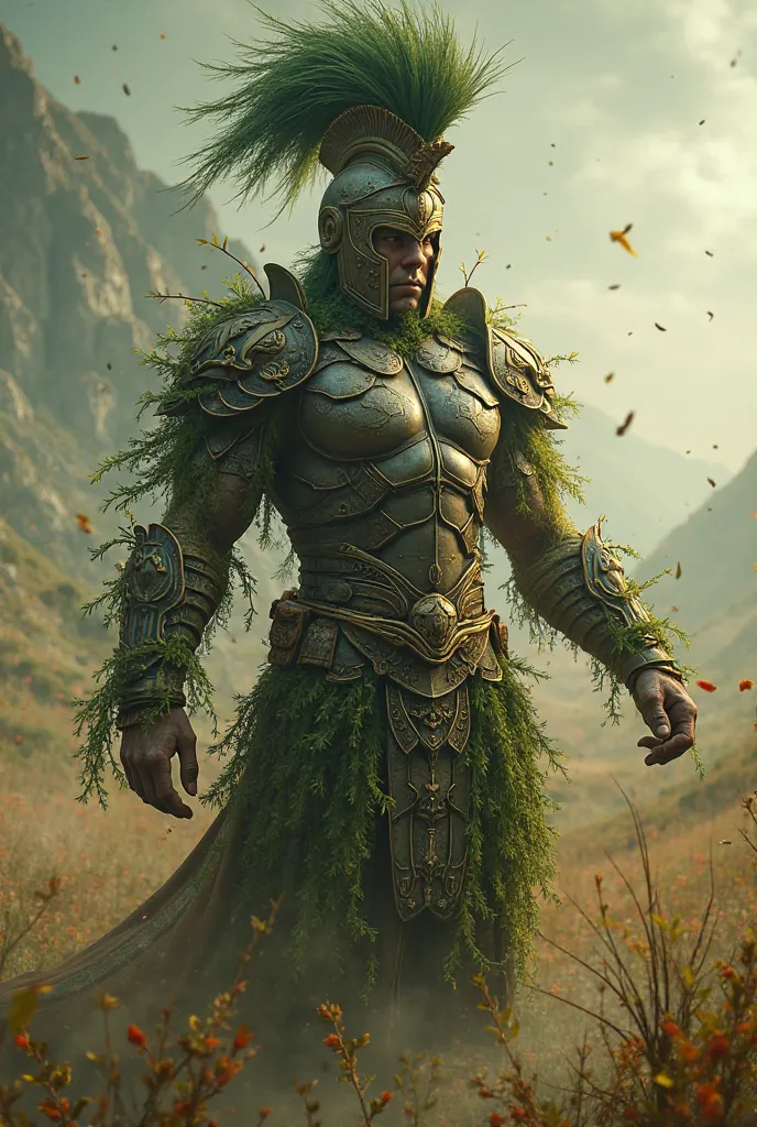 elemental spirit of earth and vegetation, body made of earth and vegetation, Spirit of the earth and vegetation, scenario field like a battle,  he is wearing Spartan armor,  aura de magic, magic, dark fantasy genre, magic,  soldier,  dancing ,  8K quality,...