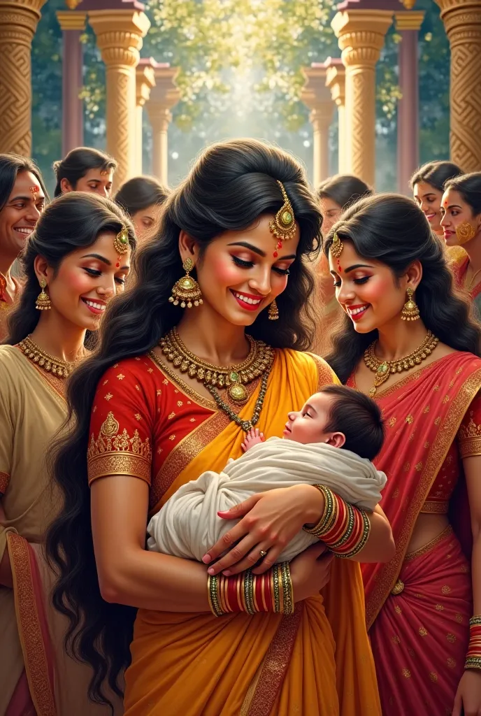 Image Prompt: A joyful scene of Queen Kausalya holding baby Rama, surrounded by the royal family and celebrations.
