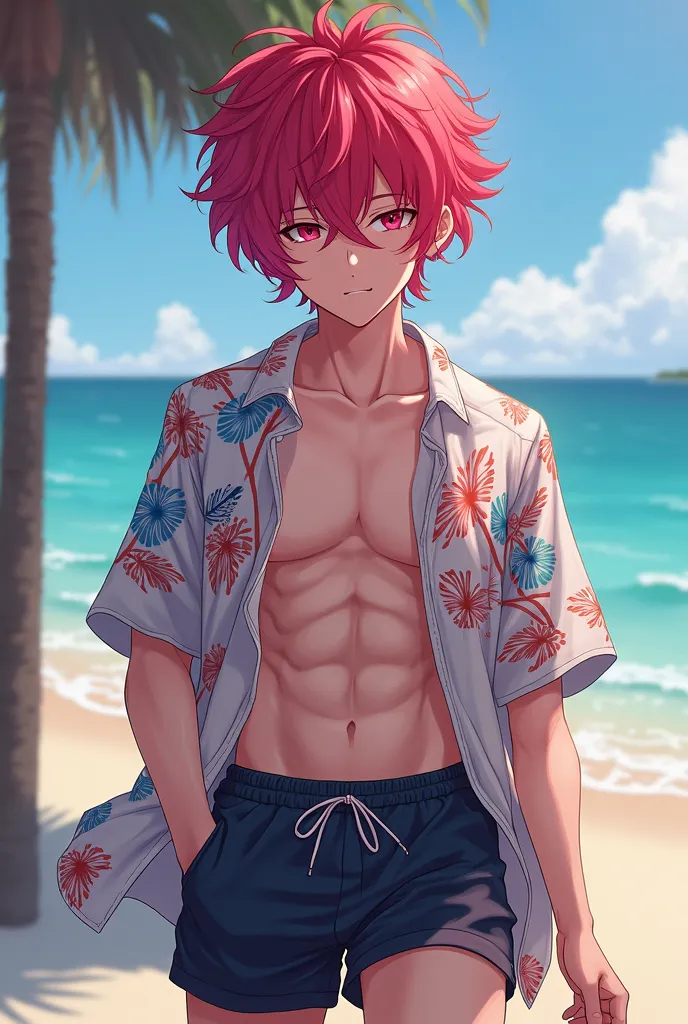 An anime picture shows a handsome, tall age boy whose hair is bright red, dark red, bright and pink. He has a slim body that reflects his fitness, thin hands, his locks cover one eye, the color of his eyes is dark pink. He wears short sports pants, wears a...