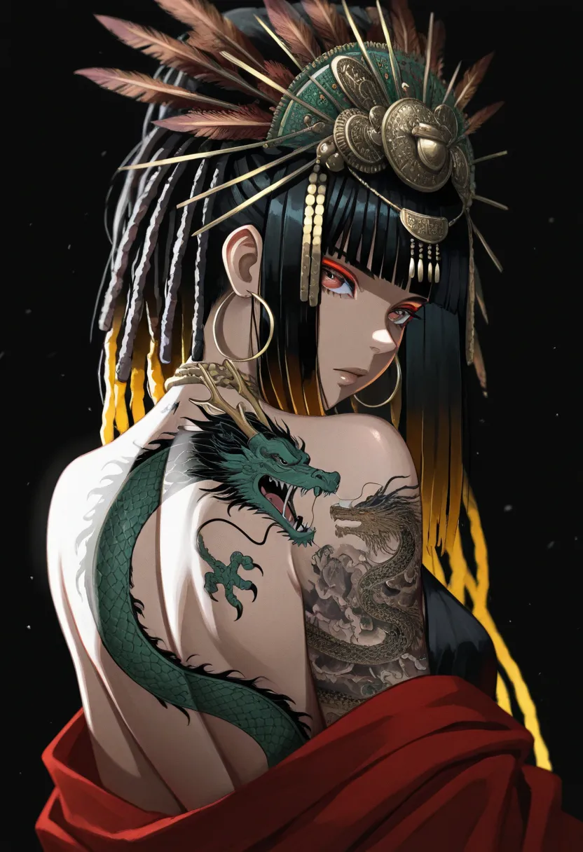 Psyanime,masterpiece, best quality, good quality, very aesthetic, absurdres, newest, 8K, depth of field, focused subject,1girl, solo, hoop earrings, black hair, exotic hair, (hair ornament:1.4), detailed headdress, exotic headdress, glowing hair, feather, ...