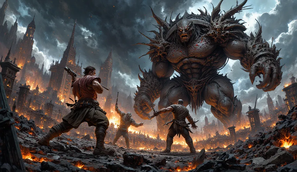 The warrior and the scarred man attack the giant monster with their last strength. The battlefield and everything was destroyed.
