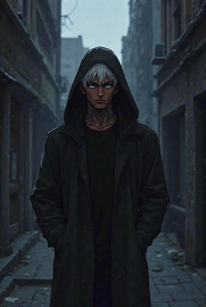 anime style, black man with dark African skin with platinum hair covered by the hood of his coat, blue eyes,  black clothes ( neck tattoos)  penetrating look. walks down dark, shady alley with his hands in his coat pocket. 