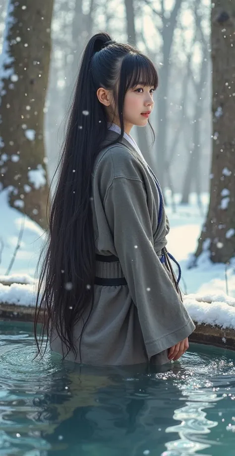 High quality. A real Oriental Japanese girl with 18 years old with beyond floor length black hair and see her "whole" body wearing thick lambswool traditional Wafuku standing nearby hot springs inside the forest, must see her whole body. The scenario of fo...