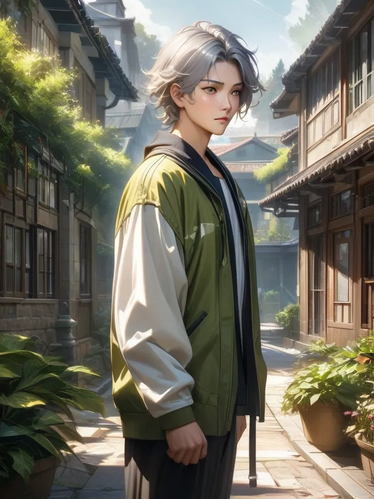 Anime style handsome male high school student with gray hair。 front full body