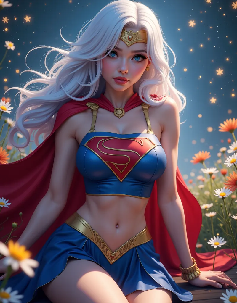 (((superheroine (((Superwoman ))), dressed in (((blue super man suit with the letter S on her chest, with a fluttering red cloak, very red short skirt,  yellow metal belt )))),  Masterpiece , сверхдетализированные обои CG Unity 8K, Best quality, cinematic ...