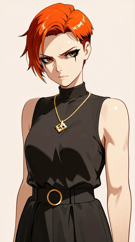  The image shows an anime-style character with realistic features .

character:  An evil woman with short, red-orange colored hair ,  with a shaved cut on the sides .
 Heavy black eye makeup , Serious and closed expression

Clothing :  Wear a black sleevel...