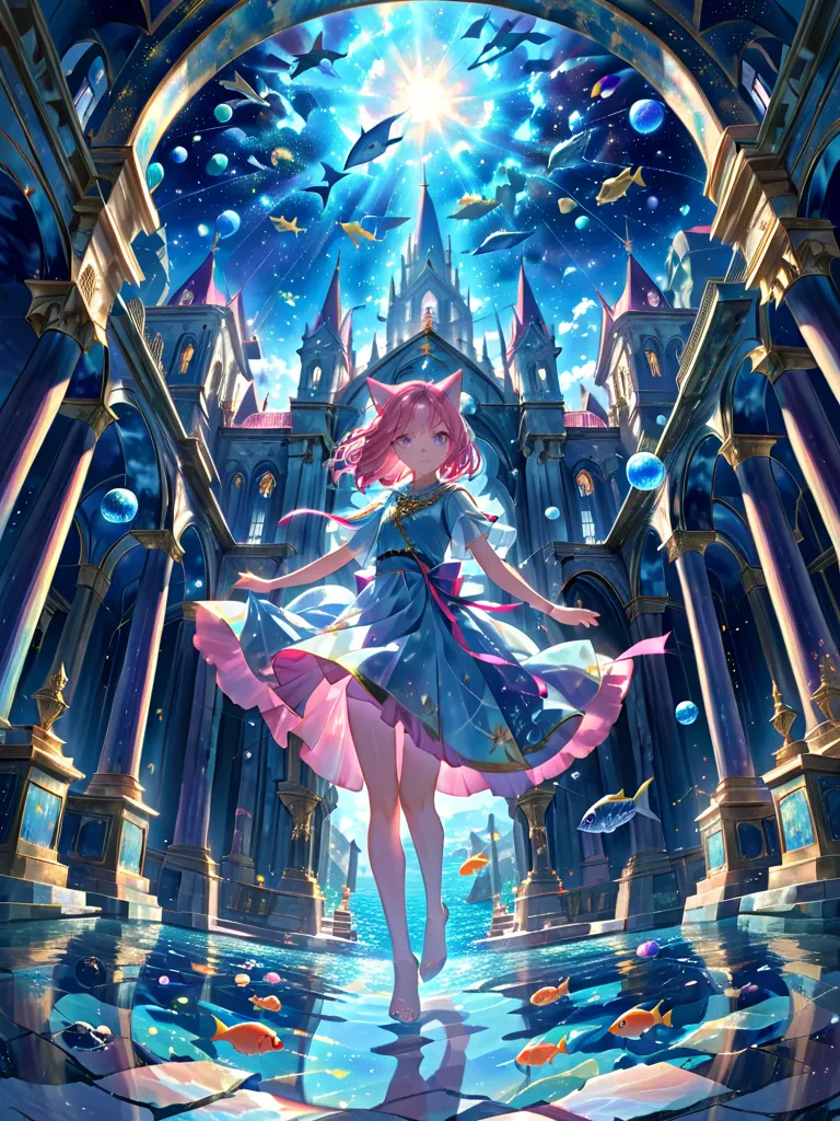 anime-style illustration of a beautiful girl with expressive eyes and highly detailed hair, 
detailed background of a fantasy city, but slightly blurred to emphasize the character, 1 cat girl, (pink bob hair), (cat ears), (violet eyes), chiffon skirt, (loo...