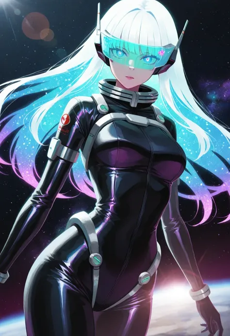 Psyanime,masterpiece, best quality, good quality, very aesthetic, absurdres, newest, 8K, depth of field, focused subject,dynamic angle, dutch angle, wabi sabi, woman, floating through space nebulae, sexy space suit, holographic visor, holofoil glitter, fai...