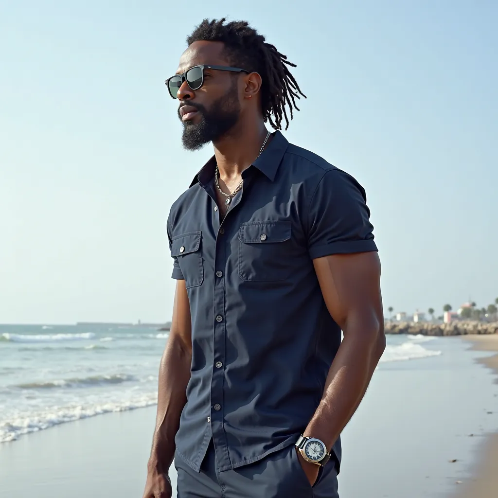 generate a very realistic full from head to toe photo of a 6 foot 3 athletic muscular black man who is light in complexion has dreadlocks standing near the beach wearing a beach short and navy blue shirt with sun glasses and wrist watch on