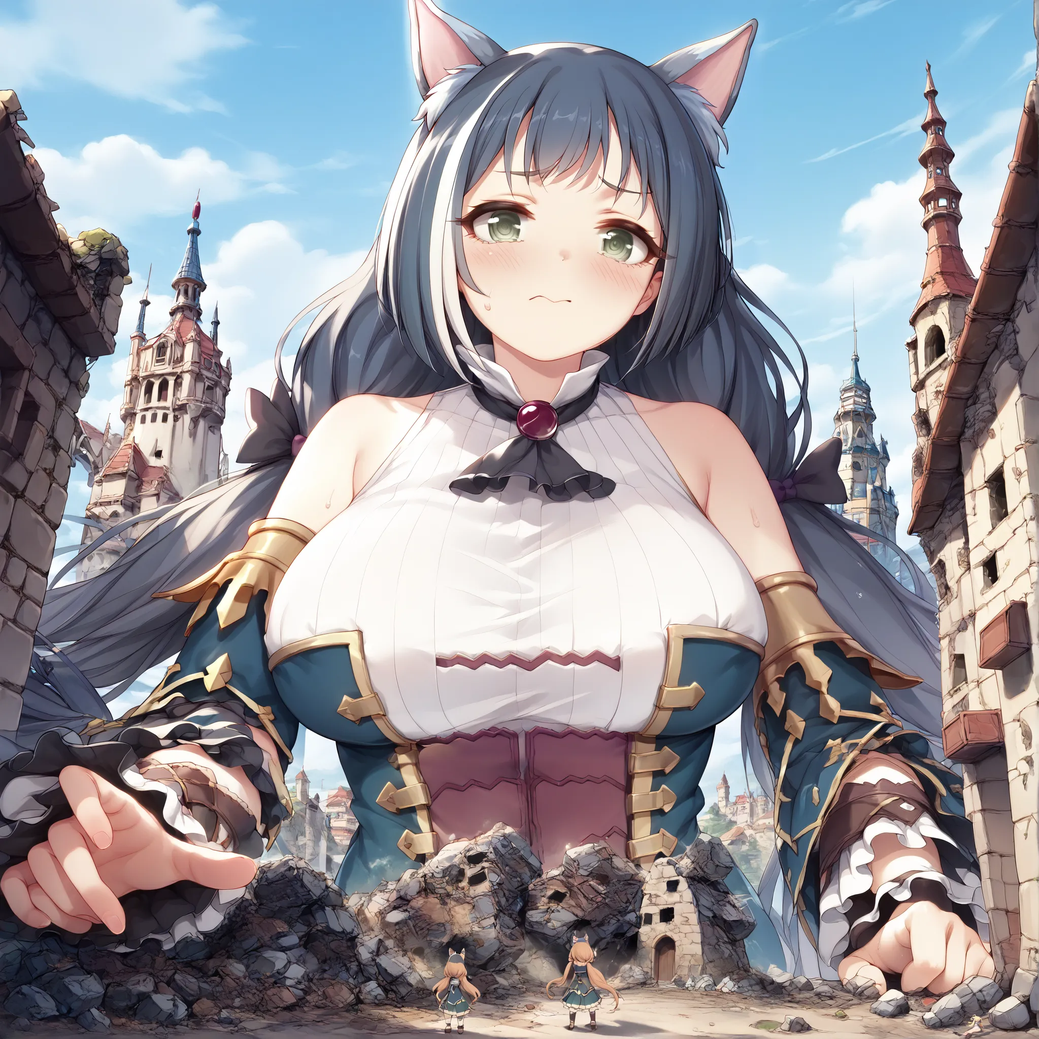 ((stand up))、2girls,Maubica   ,   giant,  little woman,KARIL -   (((( princess connect！: Dive - Cal )))),ANIMAZINE XL　Cat ears、  super huge breasts、  embarrassing、   MEDIEVAL EUROPEAN TOWN   、Rubble Ruins、Sweat it out、Destroy the castle watchtower、
  minia...