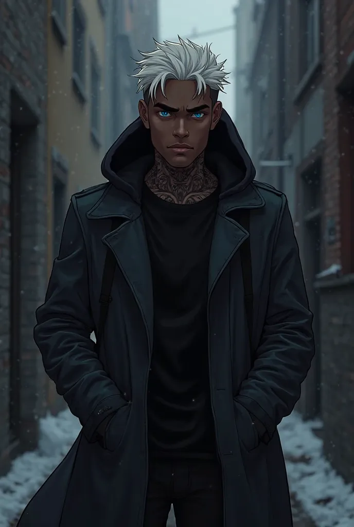 anime style, black man with dark African skin with platinum hair covered by the hood of his coat, blue eyes,  black clothes ( neck tattoos)  penetrating look. walks down dark and shady alley with his hands in his coat pocket. 