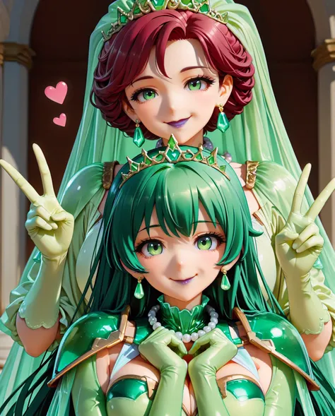 Emerald tiara, Green Pearl Necklace, very long green hair with red under hair, purple Lips, Smiling Japanese woman, Very short hair, Busty beautiful lady, Green Eyes, Green satin long gloves, Green Eyes, Emerald Earrings, Green veil, Heart with both hands,...