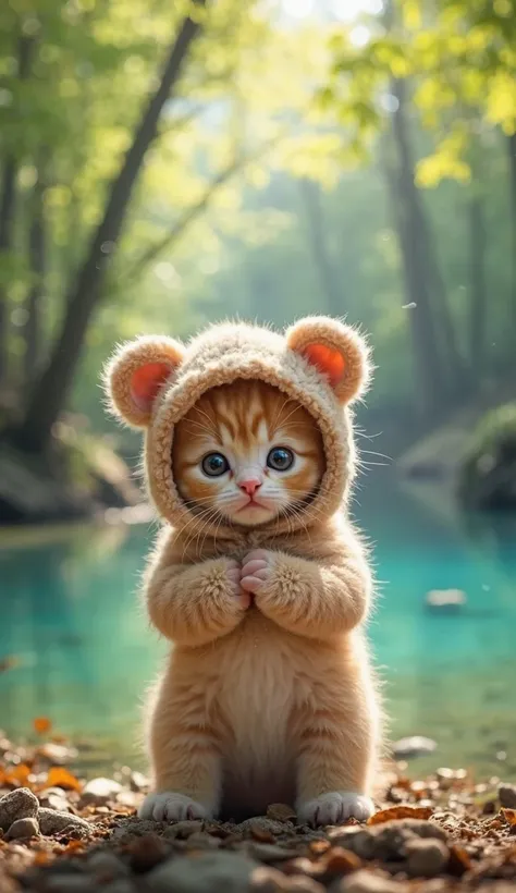 “A cute kitten standing upright, facing forward, wearing an adorable bear costume. The bear outfit is soft and fluffy, with round bear ears on the hood and a cozy, plush texture. The kitten has big, sparkling eyes, a tiny pink nose, and a gentle, cheerful ...