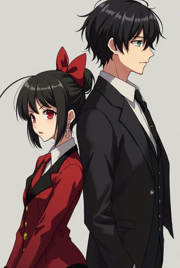 An 18-year-old girl with short black hair tied up, red eyes, wearing a red and black suit and a red and black bow tied in her hair, is an anime mafia, wears cross earrings, and a 30-year-old man, tall and handsome, broad shoulders, messy black hair, green ...