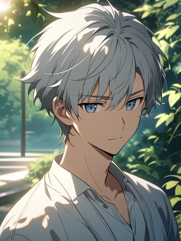 Anime style handsome male high school student with gray hair。full body