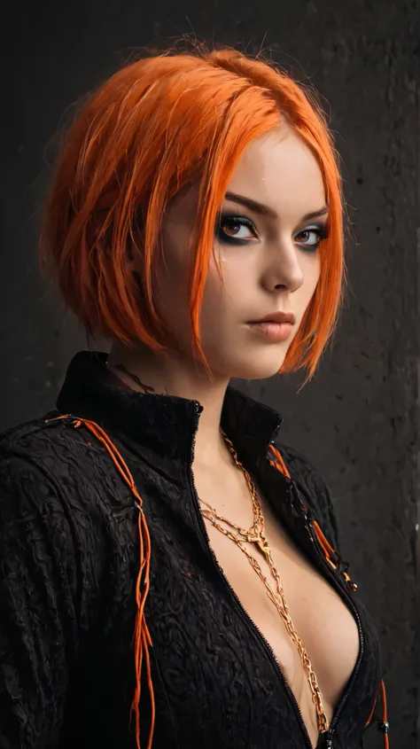  The image shows an anime-style character with realistic features .

character:  An evil woman with short, red-orange colored hair ,  with a shaved cut on the sides .
 Heavy black eye makeup , Serious and closed expression

Clothing :  Wear a black sleevel...