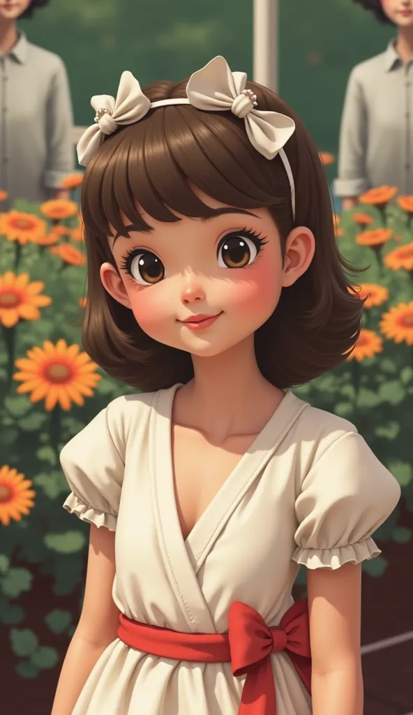 Replace the background with beautiful flower garden on a sunny day.Keep the girl exactly as she is, in her 80s-style dress and bow,without changing her appearance. Do not modify her face, outfit, or hairstyle